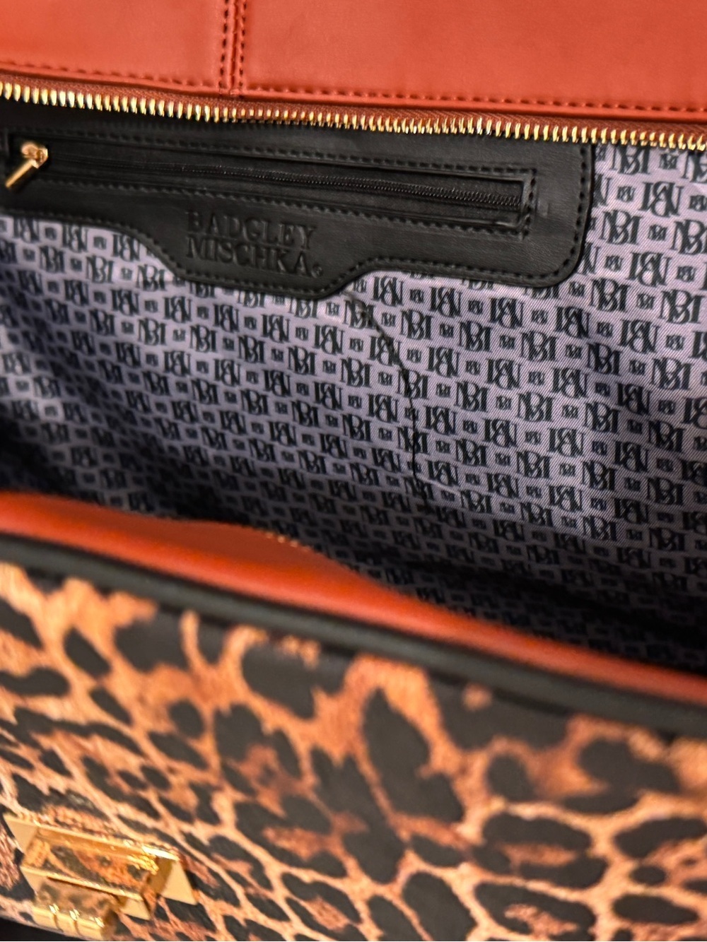 Badgley Mischka Leopard Print Leather Satchel Black Brown Accents weekender bag - Picture 11 of 15